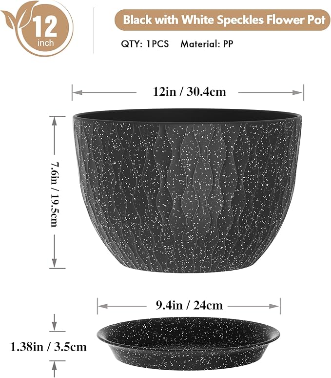 12 Inch Wide Water Ripples Flower Pots for Indoor or Outdoor Plants Large Plant Pots with Drainage Holes &amp Saucer Plastic Planters Set for Garden &amp Home Decor (Black with White Speckles)