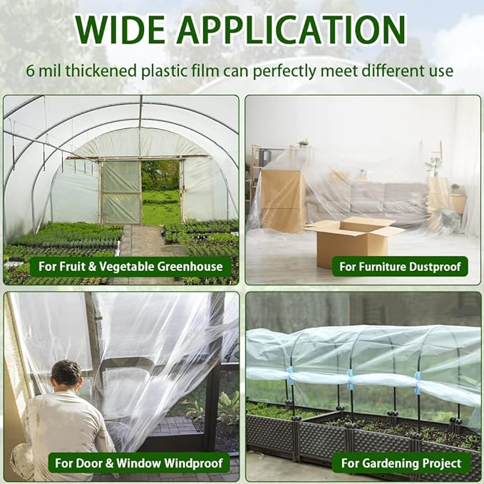 6 mil Greenhouse Plastic Film Sheeting Cover 10 x 26 Ft UV Resistant Clear Polyethylene Film Green House Hoop Farm Plastic Cover for Gardening Farming Agriculture