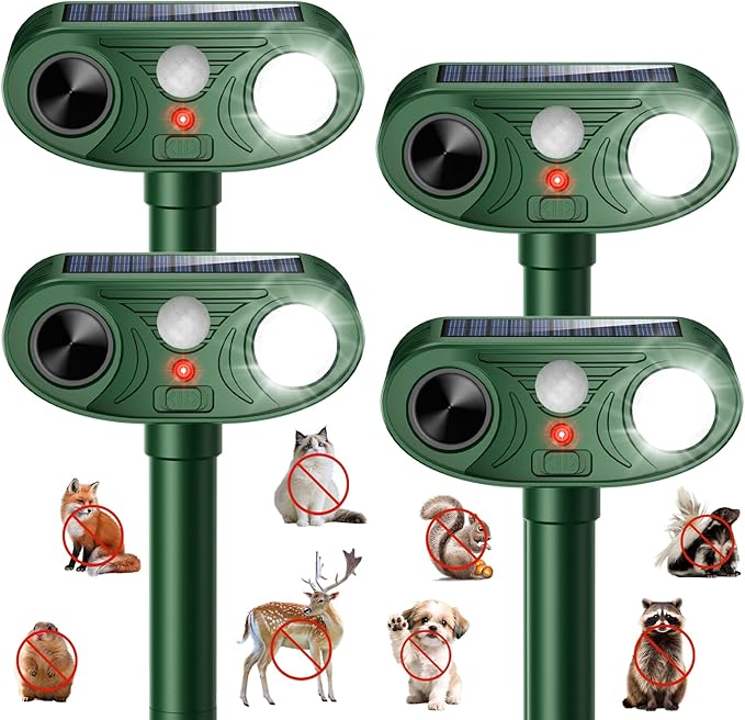 2026 Upgraded Ultrasonic Solar Animal Repellent Outdoor Deer Repellent Devices Squirrel Cat Raccoon Rabbit Dog Deterrent with Motion Sensor Flash Light for Yard Garden Lawn-4 Pack