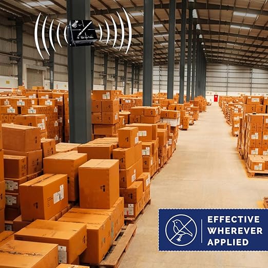 Bird-X Super Quadblaster QB-4+S Ultrasonic Bird Preventer with Optional Strobe Light and 4 Built-in Speakers Ideal for Indoors and Semi-Enclosed Areas Covers 6500 sq. ft.
