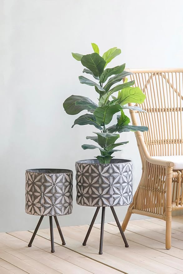 Set of 2 Metal Planter StandRound Galvanized Grey Planter