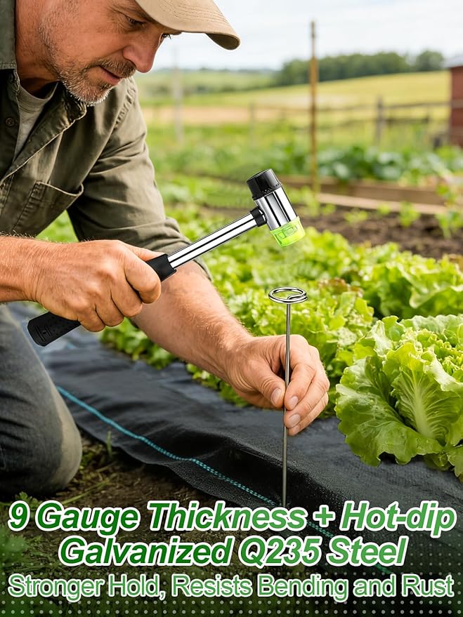 12 Inch Landscape Staples with Hook &amp Hammer - 60pcs Circle Top Weed Barrier Stakes Kit 9 Gauge Galvanized Rust-Resistant Garden Fabric Pins for SOD Garden Edging Install &amp Remove Tools In