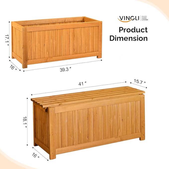 VINGLI 41 Raised Garden Bed with Wooden Bench Lid Multi-Functional Rectangular Wood Planter Box Cedar Wood Outdoor Planter Boxes for Flower Vegetable Herb Gardening