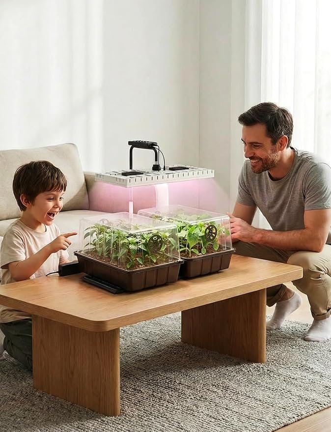 48W Full Spectrum LED Grow Light Seed Starter Kit 80-Cell Tray with 30W Heating Mat &amp Adjustable Dome Waterproof Germination System for Healthy Indoor Seedlings
