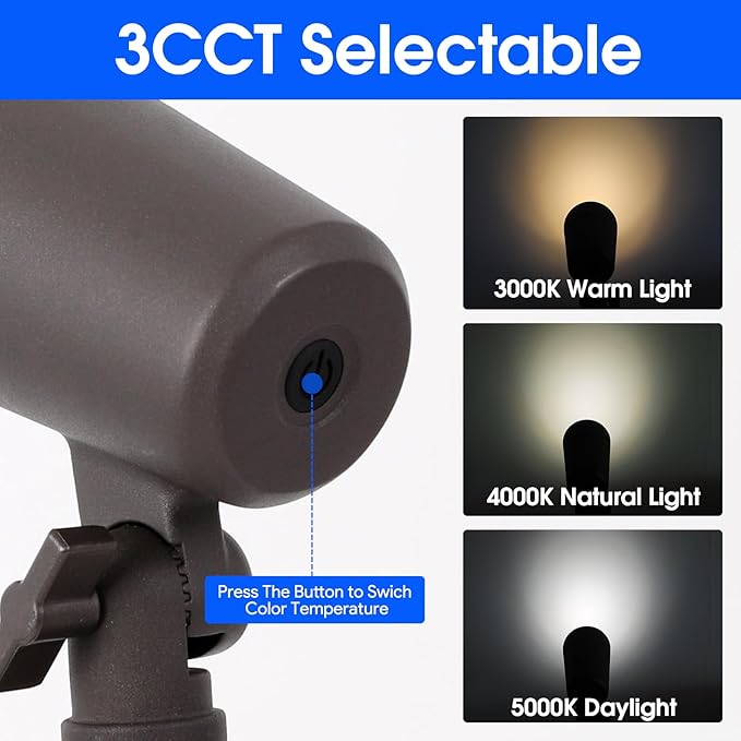 3CCT LED Landscape Lights with Connectors 12V Low Voltage 3000K/4000K/5000K Selectable 3W 200LM Outdoor Waterproof Garden Pathway Lights Wall Tree Flag Spotlights with Spike Stand 4 Pack
