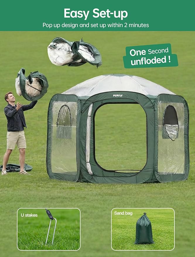 Porayhut Pop up Greenhouse TentPortable Large Walk-in Plant House 10’X10’ Indoor Outdoor Gardening Plant Sunshine Room with PVC Mesh Cloth Cover for Protecting Plant from Cold Frost &amp Birds