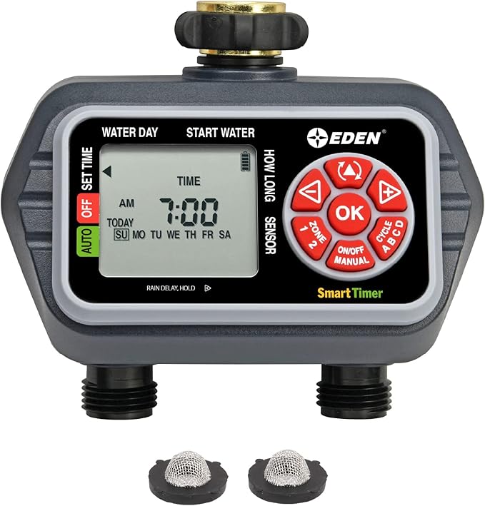 Eden 93412 Programmable Digital Water Timer 2-Zone Compatible with Wireless Soil Moisture Sensor