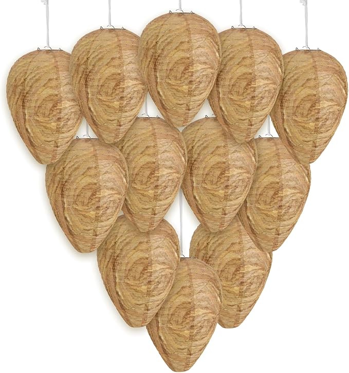 DECYOOL 12 Pack Paper Wasp Nest Decoy Hanging Wasp Nest Stay Away from Wasps Hornets Yellow Jackets(Dark Brown)