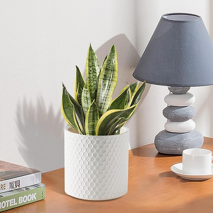 Docrin Ceramic Planters Indoor 8 Inch Plant Pot with Drainage Holes for Home/Office - White Honeycomb