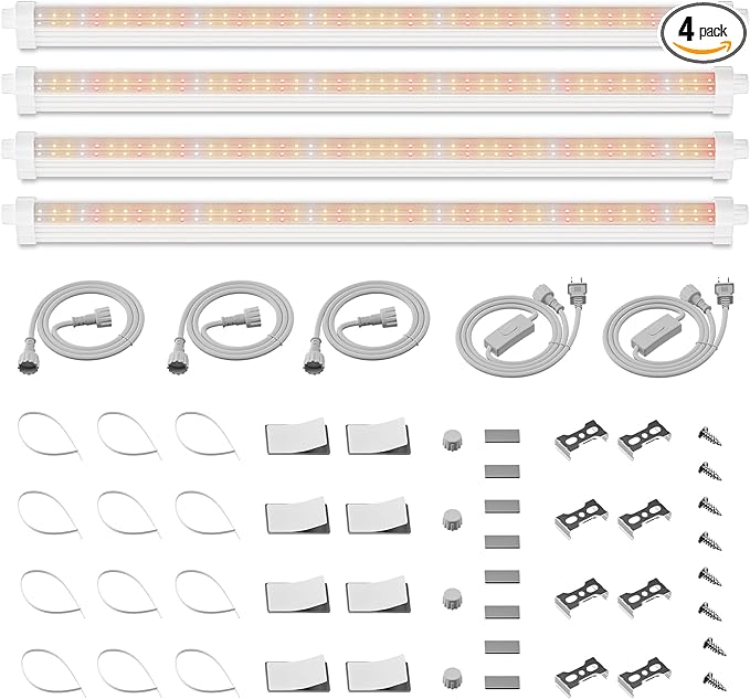 Spider Farmer 2FT LED Grow Lights for Indoor PlantsFull Spectrum (3000K+5000K+660nm)80W (4x20W400W Equivalent)3-Level DimmableIP65 WaterproofLinkable DesignPlant Light Strip for Shelve4-Pack