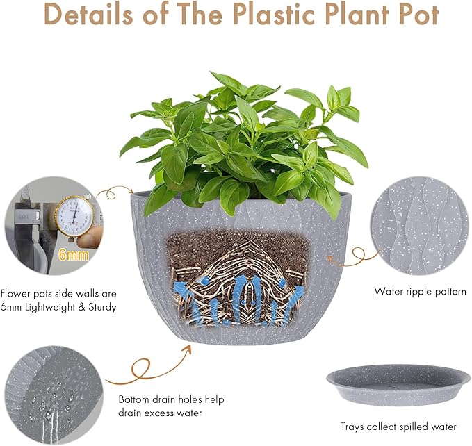 12 Inch Wide Water Ripples Flower Pots for Indoor or Outdoor Plants Large Plant Pots with Drainage Holes &amp Saucer Plastic Planters Set for Garden &amp Home Decor (Grey with White Speckles)