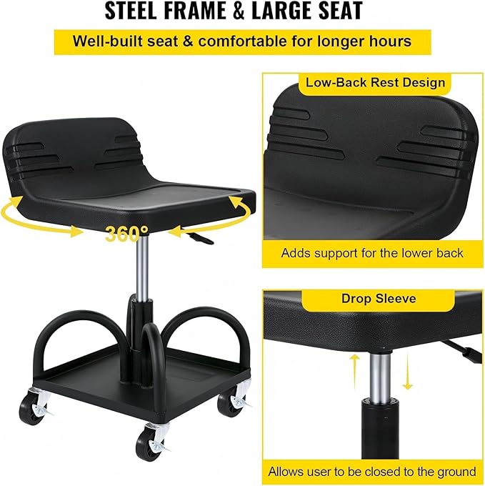 Rolling Garage Stool 300Lbs Capacity Adjustable Height 15.7-20.5 Inch Mechanic Seat with Tool Tray