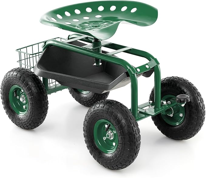 DORTALA 4-Wheel Rolling Garden Cart Work Seat with 360 Swivel &amp Height Adjustable Seat Heavy Duty Planting Cart with Storage Basket Green