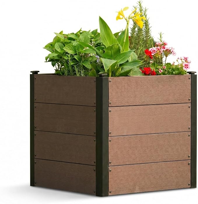 Wood Raised Garden Bed 25x25x23 in Tall Outdoor Planter Box with Bottom Deep Root Elevated Garden Bed for Vegetables Herbs Flowers All-Weather Composite Rectangle Planter for Patio Backyard