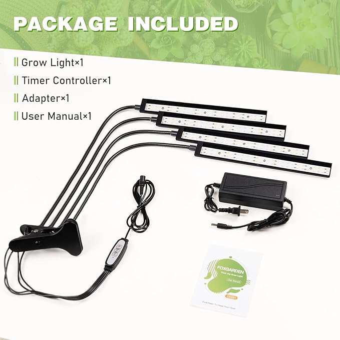 FOXGARDEN Grow Lights Full Spectrum Four-Head Plant Lights for Indoor Growing with Flexible Gooseneck 208 LEDs Clip Grow Lamp with 4/8/12H Timer 4 Brightness Levels Ideal for Indoor Growth