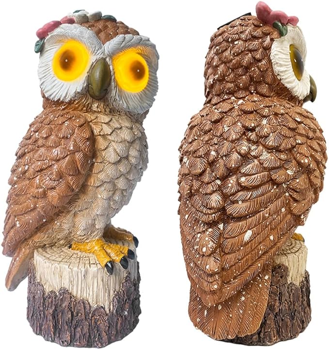 1 KINGO Fake Owl Decoy Bird Deterrents for Outside Solar Powered LED Eyes &amp Ultrasonic Deterrent Scarecrow Owl Decoys to Scare Birds Away Bird Repellent Devices Outdoor Resin Garden Statues