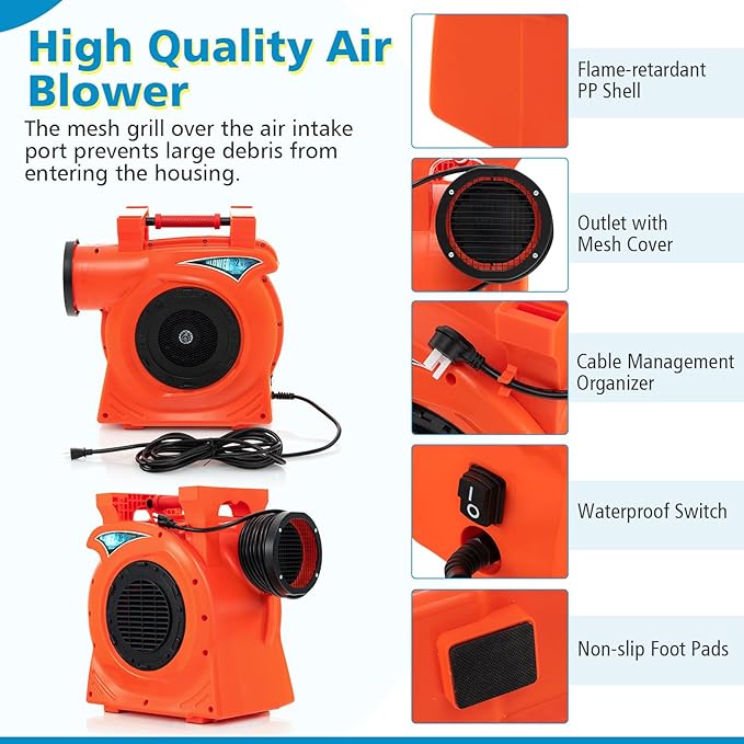 HONEY JOY Commercial Air Blower 2HP/1500W High Power Bounce House Blower Integrated Handle Air Blower for Large Outdoor Inflatables Air Sofas Electric Pump Fan for Bouncy Castle (2HP/1500W)
