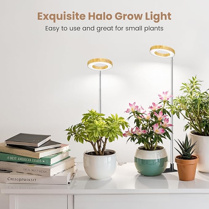 Kullinss Grow Light 48 LEDs Full Spectrum Plant Lights for Indoor Growing with Base Wood Grain Small Plant Growing Lamp with 6/12/16H Timer 3 Color Modes 5 Brightness 6.5-26 Height Adjustable
