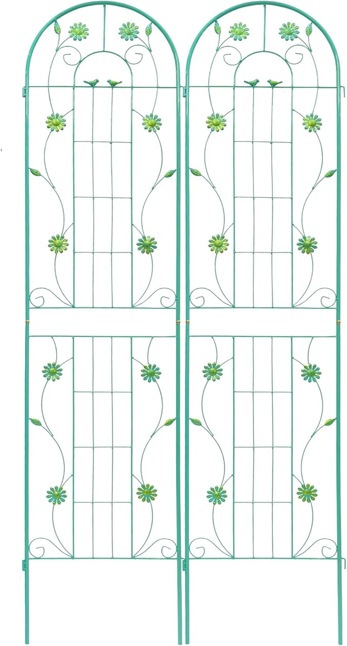 Metal Garden Trellis for Climbing Plants (2-Pack) – 86.7'' Tall x 19.7'' Wide Rustproof Design with Decorative Bird+Flower Accents | Perfect for Cucumbers Beans Vegetable Support (Green)