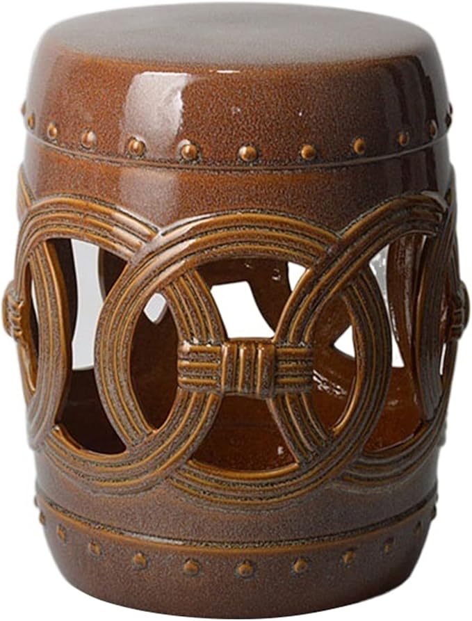 Decorative Garden stools Decorative Ceramic Garden Stool Hollow Out Laicai Copper Money Round Stool Suitable for Living Room Balcony Garden Etc(Khaki)