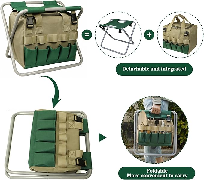 Folding Garden Stool with Detachable Storage Bag Multi-Pocket Portable Gardener Tool Seat for Adults