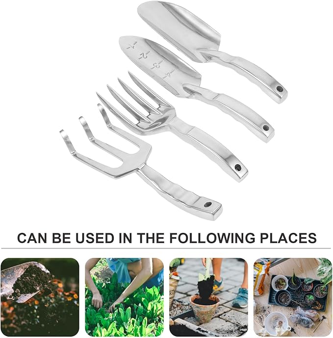 Garden Tool Set with Large Shovel Marked Trowel 3-Prong Rake and 4-Prong Cultivator – Multipurpose Outdoor Gardening Tools for Flower and Vegetable Planting Soil Loosening