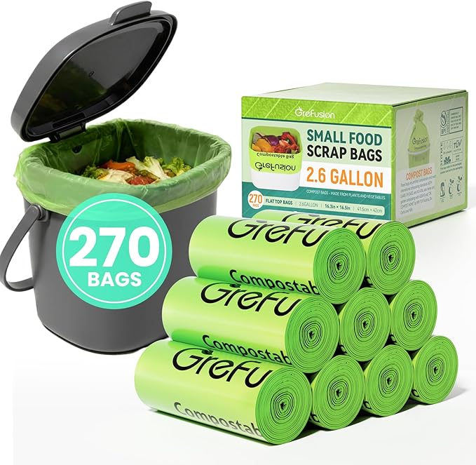 GreFusion Compostable Trash Bags Small 2.6 Gallon 270 Count 0.72 Mils Thick Eco Friendly ASTM D6400 &amp BPI Certified Composts Food Scraps No Leaks