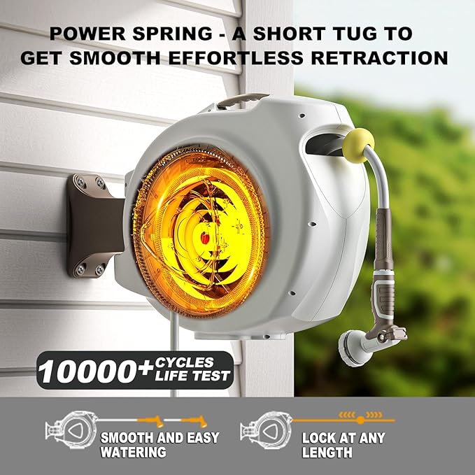 Retractable Garden Hose Reel 5/8 in 100+6 ft Heavy Duty Wall Mounted Water Hose Reel Spring Power Automatic Rewind Any Length Lock 180° Swivel Bracket 10 Pattern Spray Nozzle