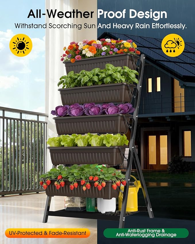 5-Tier Vertical Garden Bed Planter Boxes with Drainage System &amp Storage Space Freestanding Vertical Garden Planter with 5 S-Hooks for Plants Vegetables Flowers Herbs in Garden Patio Yard