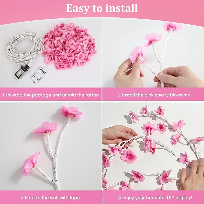 Cherry Blossom Lights with Remote 7.5 Ft 144 Flowers Enchanted Willow Vine Lights 18 Branches 144 LEDs Lighted Willow Vine Tree Lights for Walls Bedroom Home Room Decor White Branch