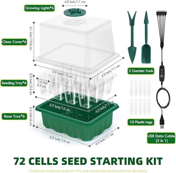 Seed Starter Tray with Grow Light 6-Pack 72 Cell Seed Starter Trays Germination Tray with Humidity Dome Timing Adjustable Brightness for Starting Vegetable Flower Indoor Herb Garden