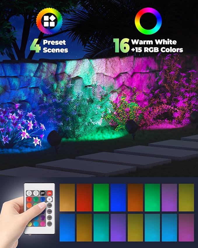 RGB PAR36 LED Light Bulb Color Changing Warm White+15 Colors Choices on Remote Control 12V Low Voltage Spotlight for Outdoor Landscape Lighting GardenYardFlagpole Lighting