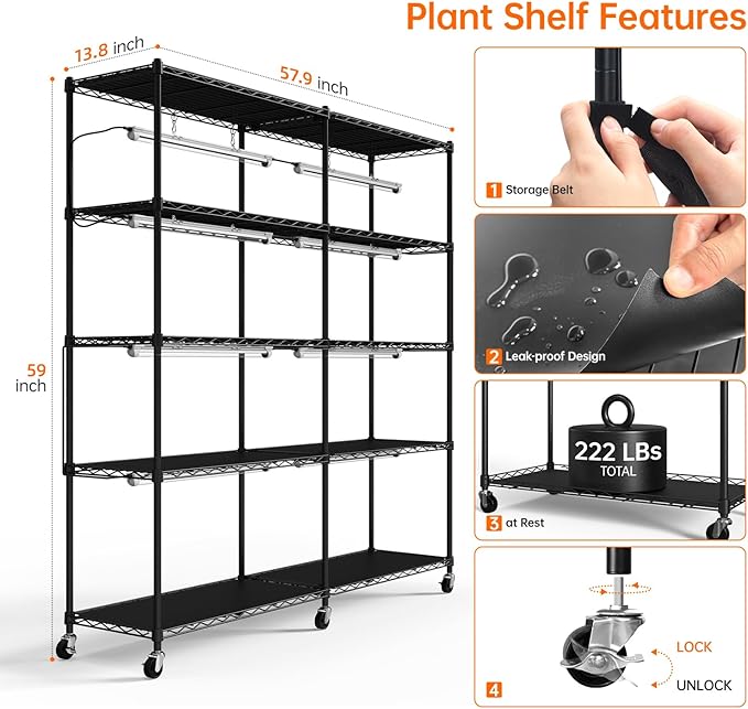 Bstrip 5-Tier Plant Shelf with Grow Light Large L-Shaped or Long Shape Indoor Plant Stand 8 Pack 192W T8 Full Spectrum Grow Lights for Indoor Plants &amp Seed Starting (58L x 13.8W x 59H)