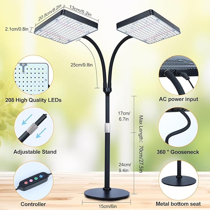 2026 2Head Desk Grow Light Big Coverage Tabletop Grow Lights for Indoor Plants Bonsai Seed Starting 4/8/12/16/20H Timer 50 Watt Power Draw NO Need Adapter 16-24 Height Adjustable