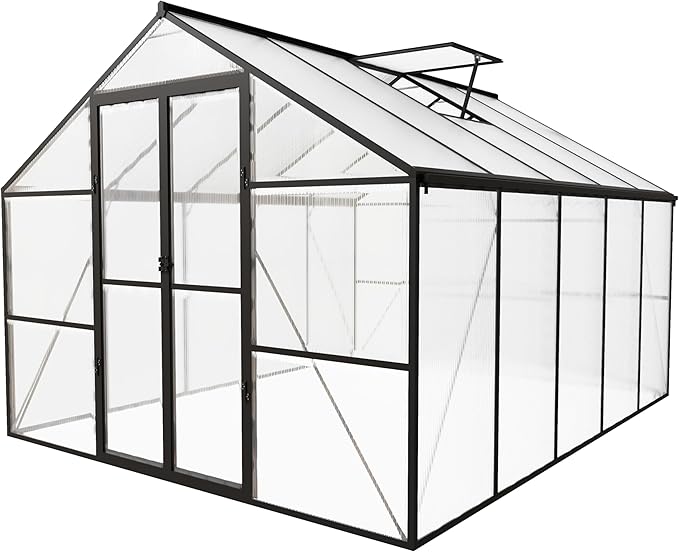 8 x 10 FT Outdoor Greenhouse Heavy-Duty Polycarbonate Greenhouse with Aluminum Frame Lockable Door Adjustable Roof Vent Walk-in Green House for Backyard Garden Patio