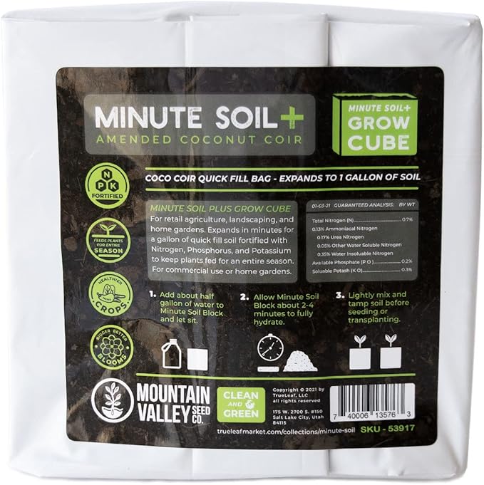 Minute Soil Plus Grow Cube - Amended Coco Coir Potting Soil - 1 Gallon Plastic Grow Bag - 5 Cubes - Self Contained Expanding Coconut Coir Grow Planter - Feeds Plants for an Entire Season