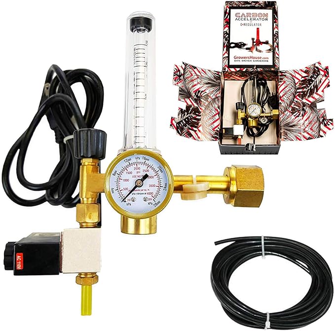 CO2 Regulator by Carbon Accelerator for C02 Tanks - Gauge for Pressure and Flow Meter with 120v Plug for Solenoid Valve for Grow Rooms Tents and Works with PPM Controllers and Timers
