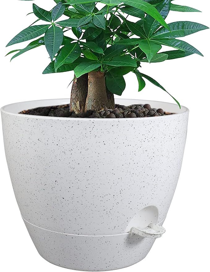 12 inch Large Self Watering Pots Plastic Planters with 60oZ Removable Deep Reservoir and Multi Mesh Drainage Holes for Indoor Outdoor Garden Plants and Flowers White Speckles