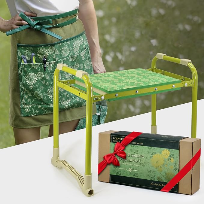 Colwelt Garden Stool and Kneeler Set Garden Seat and Kneeler Heavy Duty with 10 Wide Soft Kneeling Pad Non-Slip Garden Bench for Kneeling and Sitting with Elegant Apron Gardening Gifts for Women