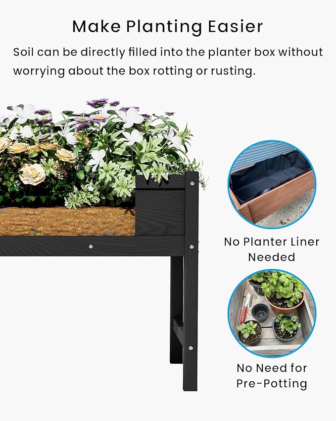 HDPE Raised Garden Bed with Legs Outdoor All-Weather Elevated Planter Box Raised Beds for Seeds Herb Flower Vegetable (Black)