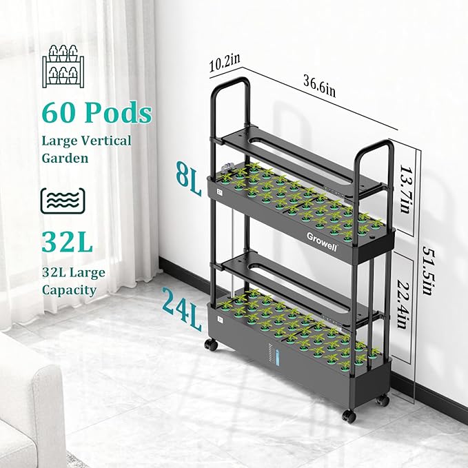 60-Pod Hydroponics Growing System Large Vertical Hydroponic Garden with Smart Full-Spectrum Grow Lights Auto Circulating Water Mobile Indoor Gardening System for Herbs Vegetables &amp Fruits