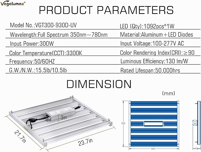 300Watt LED Grow Lamp UV IR Full Spectrum 4x4 5x5ft Coverage Grow Light Bar with 1092pcs Diodes 7 Bars Led Plant Growing Lamp for Vertical Farming Commercial Dimmable Easy Installation