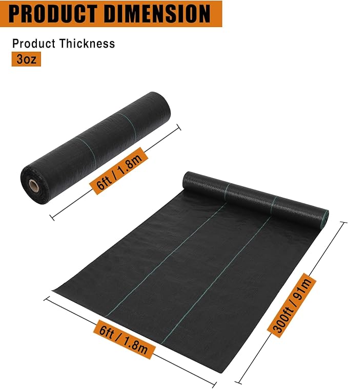 Heavy Duty Landscape Outdoor Gardens Weed-Barrier-Fabric 6ft x 300ft Black