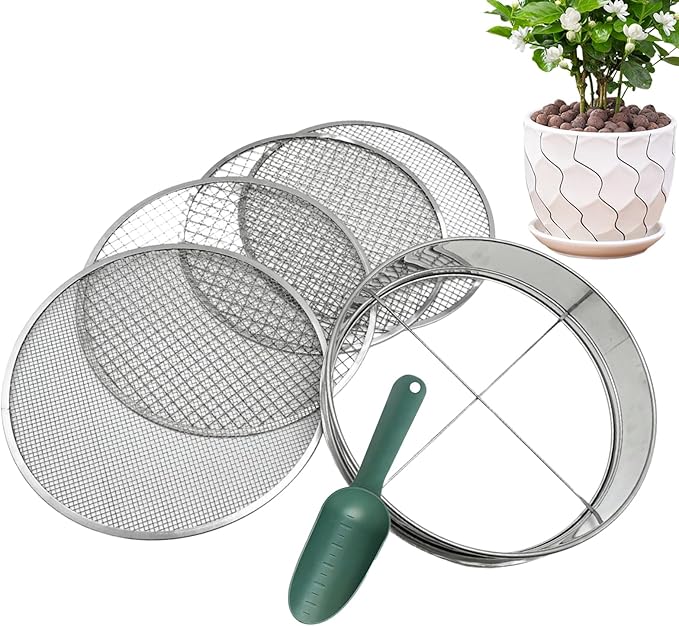 Stainless Steel Soil Sieve – 4 Mesh Gardening Filter 3/6/9/12 mm Multi Size Easy Swap Screen | Effective Debris Removal Compost and Cat Litter Sorting for Potted Plants Garden Use