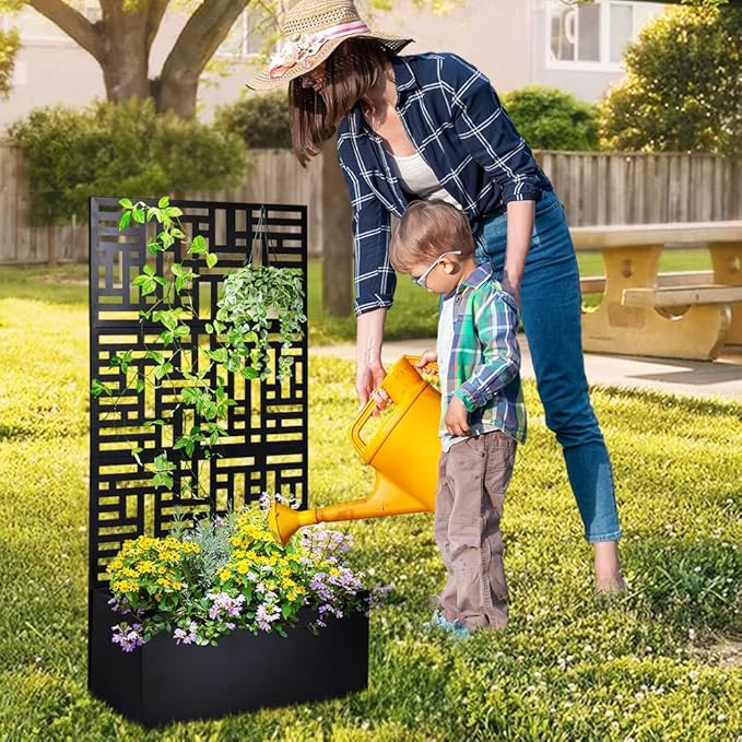 48 Outdoor Garden Flower Standing Planter BoxMetal Planter Raised Garden Trellis BedIndoor Outdoor Flower BedVertical Flower Pot Standwith Drainage Holesfor Patio Porch Yard Balcony (Black)