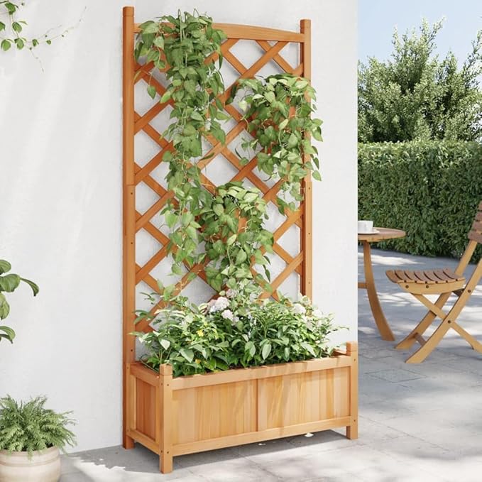 Solid Wood Planter with Trellis Wooden Raised Garden Bed with Trellis Wood Planter Box for Climbing Plants to Grow Vegetables Herbs and Flowers Brown 29.5x13.8x59.1