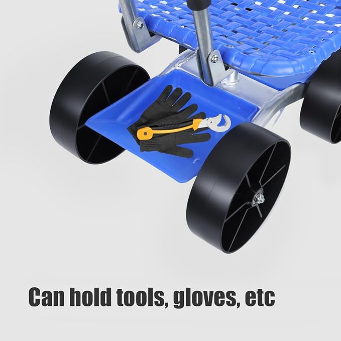 Rolling Garden Cart on Wheels Foldable Garden Seat Rolling Stool with Storage Shelf Adjustable Height 360 Degree Swivel Seat Outdoor Lawn Yard Work Seats Utility Stool Cart Blue