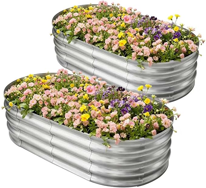 HGD Galvanized Raised Garden Bed Kit Galvanized Planter Garden Boxes Outdoor Oval Large Metal Raised Garden Beds for Vegetables &amp Flower (2 Pack)