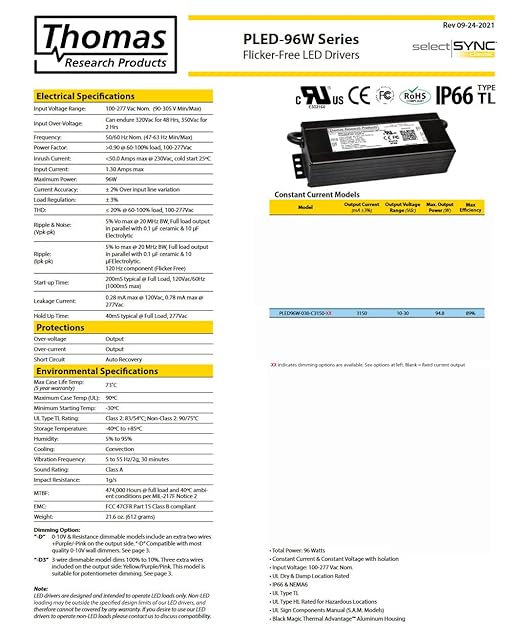 Hubbell Thomas Research Products PLED96W-030-C3150-D Constant Current Flicker Free LED Driver dimmable