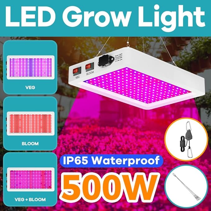 2PCS 500W LED Growing Light Full Spectrum Natural Sunlight With UV &amp IR To Meet Plants' Needs From Seedling To Flowering Veg And Bloom Modes For Different Stages Greenhouses Hydroponics Potted Pla